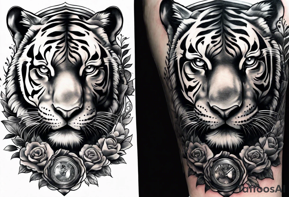 King tiger on top of Hour glass with Brain and heart inside
Full detailed sleeve tattoo idea