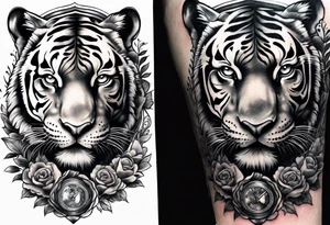 King tiger on top of Hour glass with Brain and heart inside
Full detailed sleeve tattoo idea
