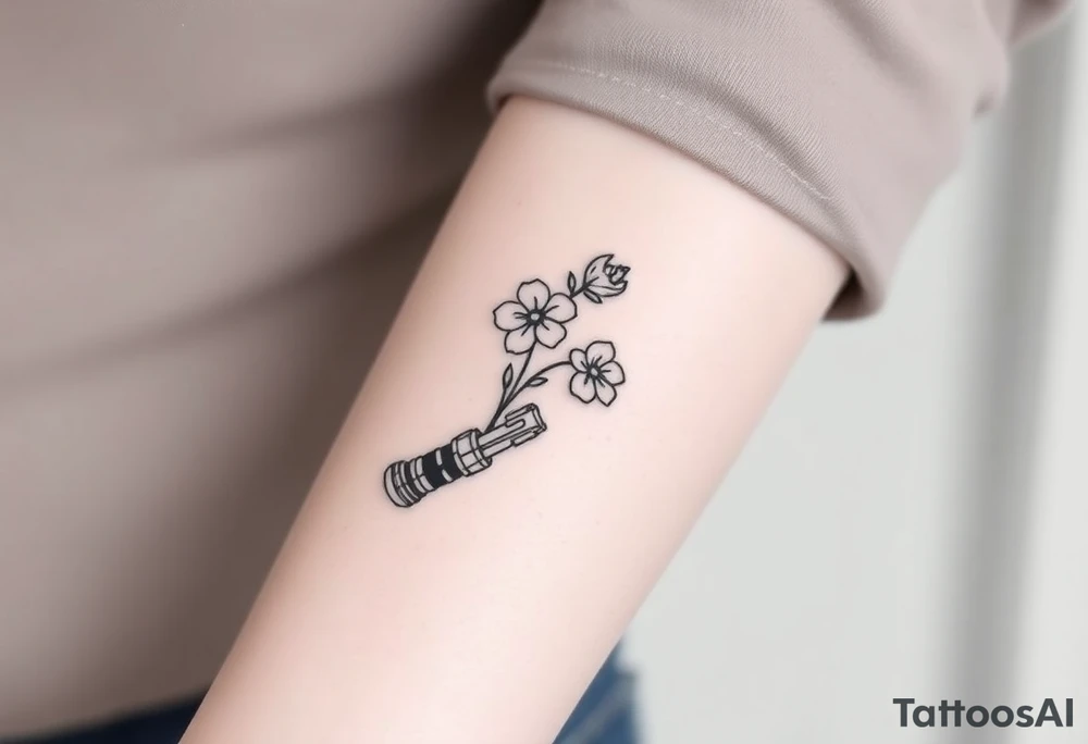 Star Wars Lightsaber handle with a daisy, morning glory, and lily of the valley in it tattoo idea