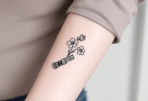 Star Wars Lightsaber handle with a daisy, morning glory, and lily of the valley in it tattoo idea
