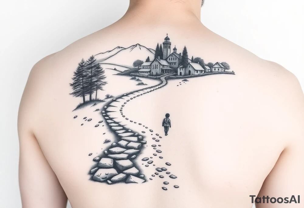 designing a black and white tattoo for a half-sleeve on shoulder: path beginning in the bottom end and winding upwards. The first third starting at the bottom. On the left are a few trees and on the right side a village and a school. A child is walking the path. tattoo idea