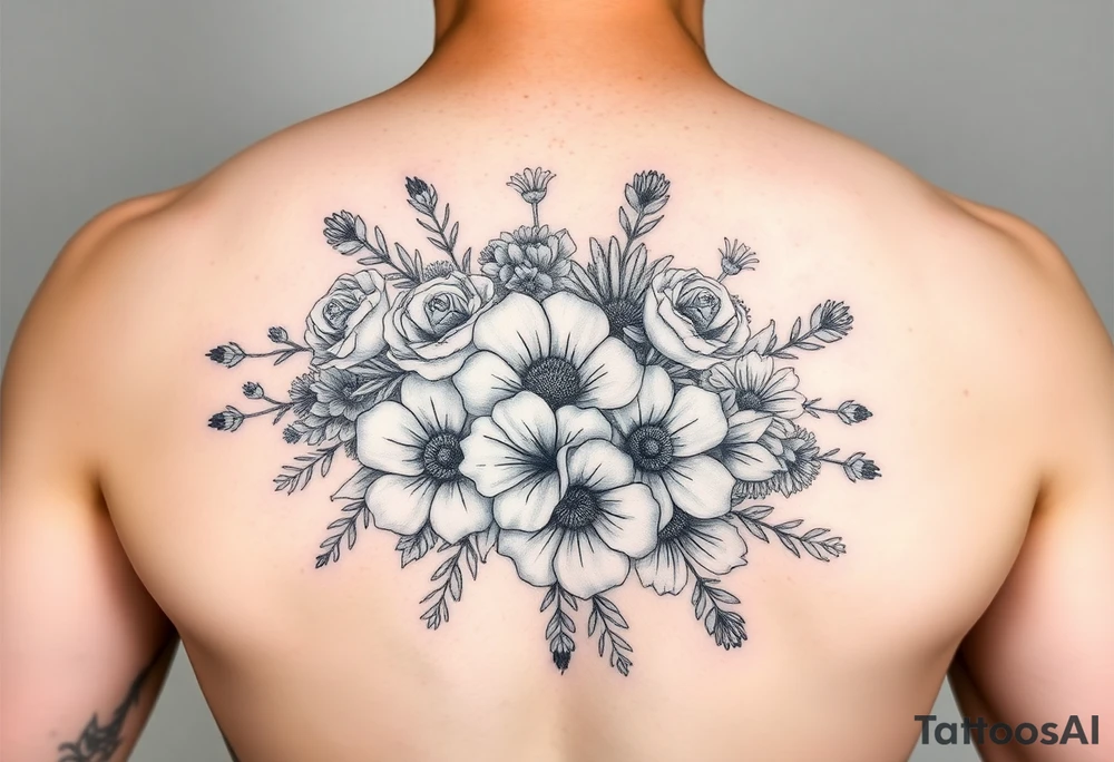 Bouquet of roses, snowdrops, marigolds, asters and gladioli tattoo idea