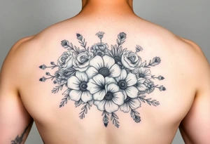 Bouquet of roses, snowdrops, marigolds, asters and gladioli tattoo idea