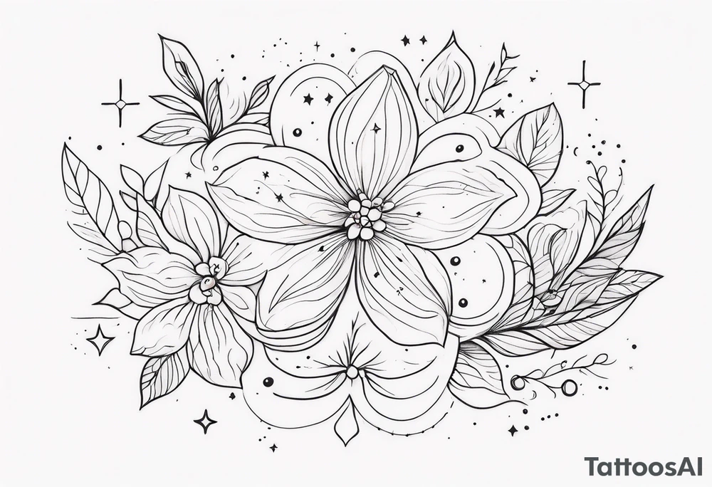 fine line floral with stars, swirls, dots tattoo idea