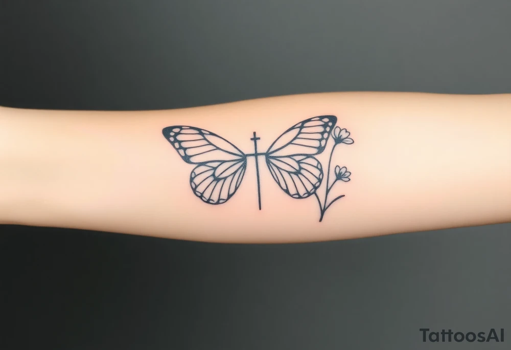 tattoo with butterfly: one side representing death and the other life. (from death to life) with a simple cross down the middle. The life side I's like the following flowers: Morning Glory, Lily of the Valley, Daffodil, Rose, Poppy, and Iris tattoo idea