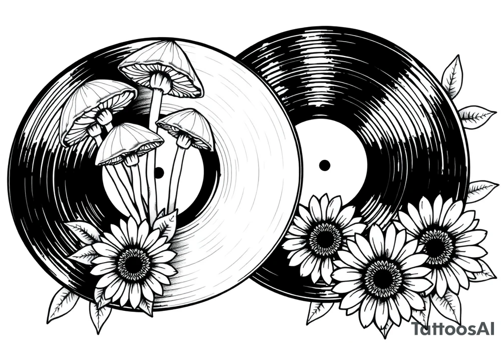 two overlapping vinyl records with mushrooms and sunflowers tattoo idea