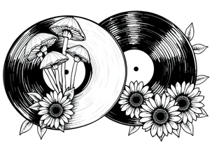 two overlapping vinyl records with mushrooms and sunflowers tattoo idea