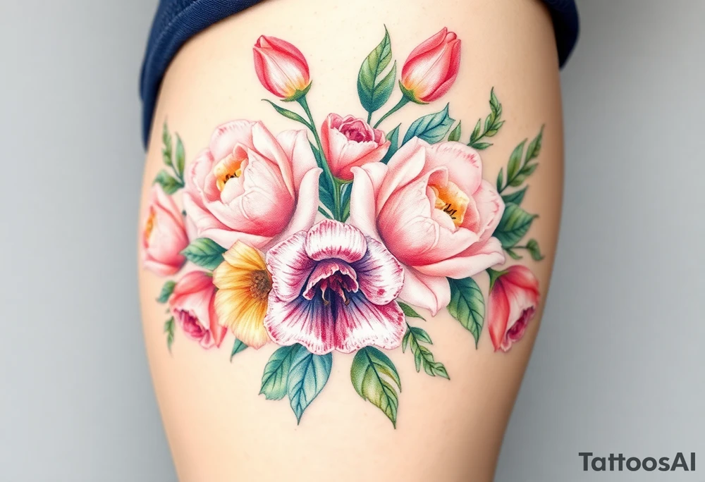 Realistic roses tulips and lilies 
and leaves with embellishments tattoo idea