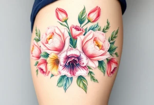 Realistic roses tulips and lilies 
and leaves with embellishments tattoo idea
