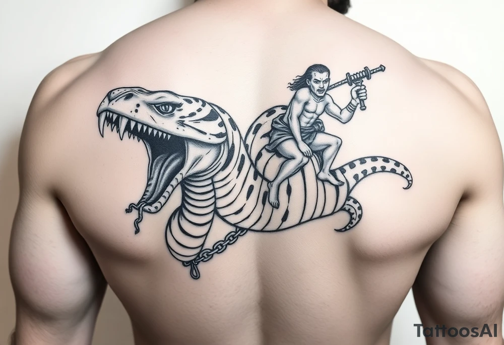 A dangerous giant holding a snake and a wild man on a chain leash holding them /sas slaves the snake has a wide shaped cobra head with a mouth full of sharp teeth and long fangs like a saber tooth tiger with the crazy guy riding on the back of snake tattoo idea