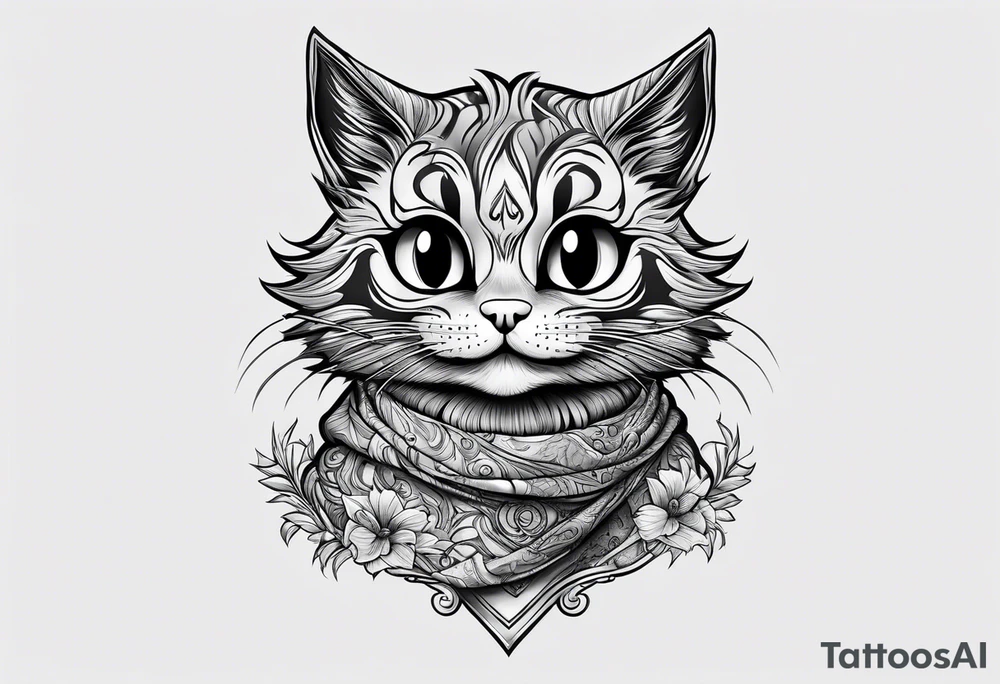 Cute Maine coon kitten dressed like Cheshire cat tattoo idea