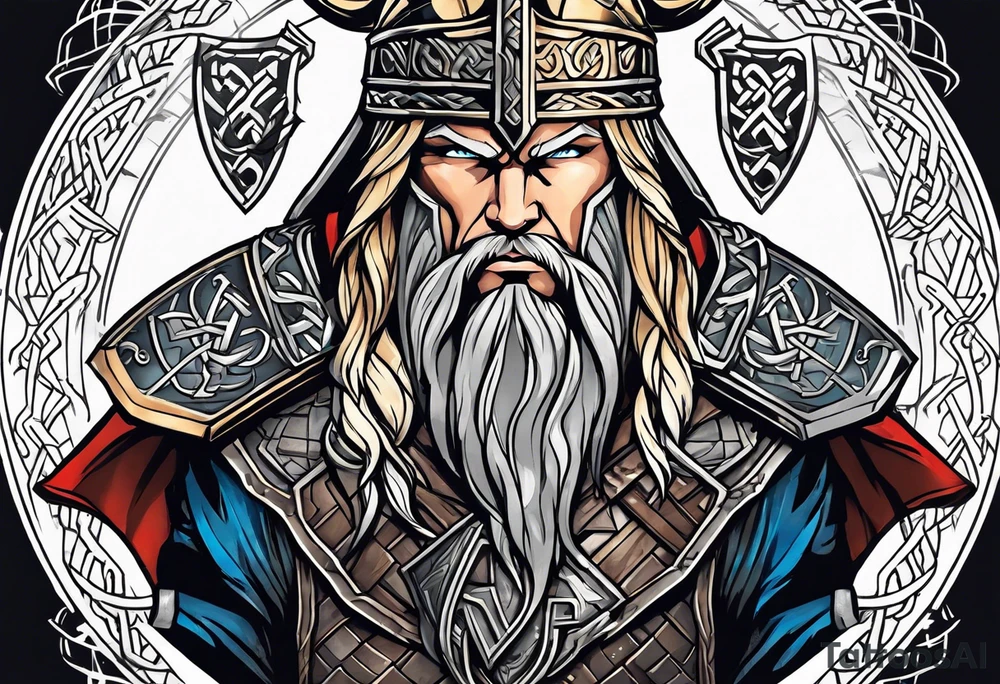 Thor with Viking runes in the background as a vignette tattoo idea
