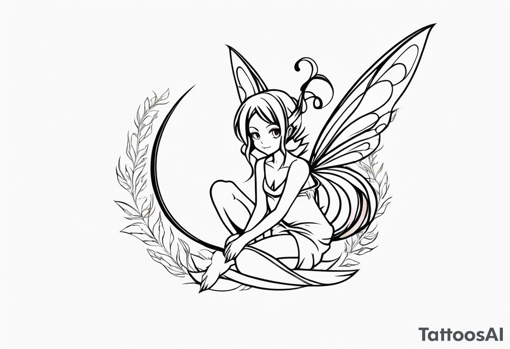 A fairy with a tail inspired by the logo of the show called Fairy Tail in a fetal position leaning in tattoo idea