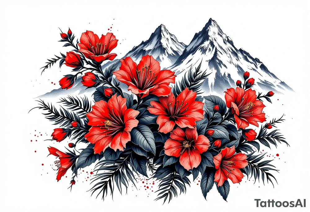wrist size red  and black rhododendron trippy with Himalayas behind tattoo idea