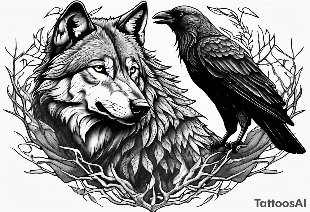 A powerful Wolf ist carrying a crow on His back
Background Woods and thorns tattoo idea