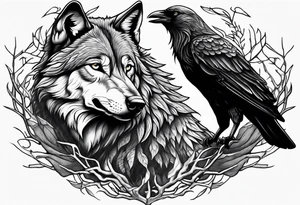 A powerful Wolf ist carrying a crow on His back
Background Woods and thorns tattoo idea