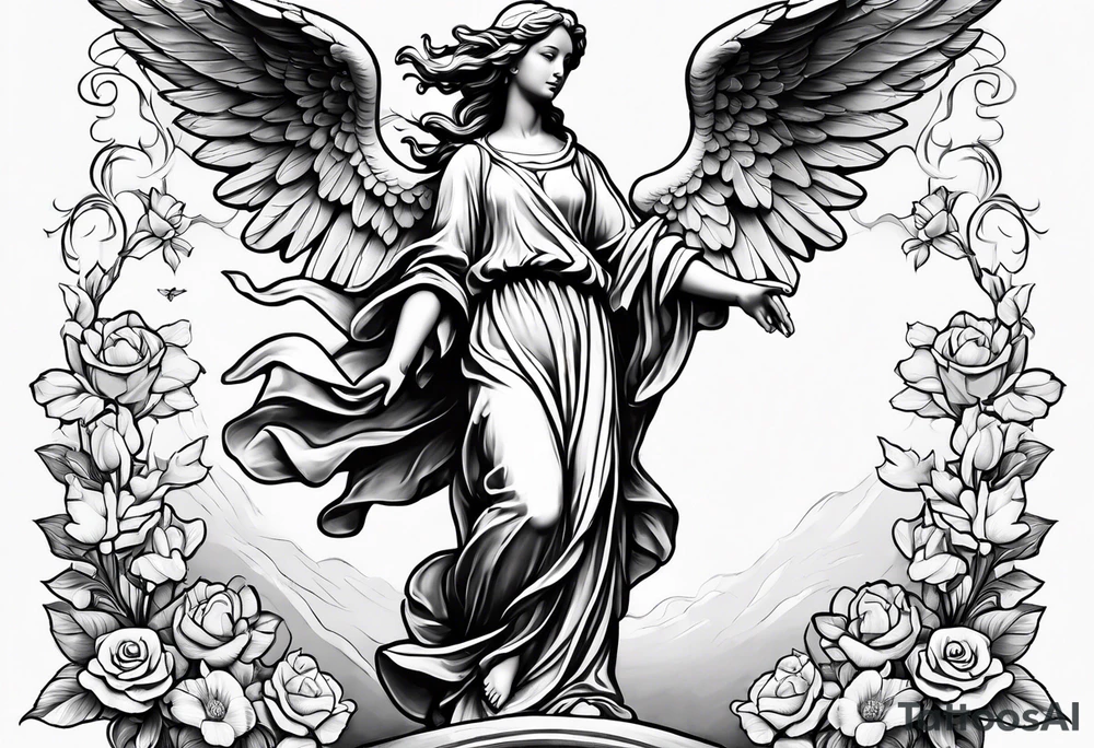Simple Angel statue stood on a rock with daffodils and roses wrapped around its legs tattoo idea