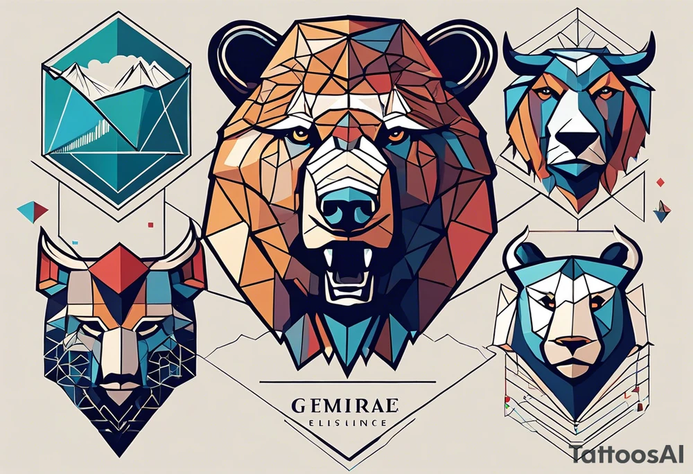 Words: Courage, determination, patience, focus, resilience. Image: Geometric eagle face, bull and bear faces divided by the financial market dump and pump. Graphics, symbols of intelligence interconnected with books and studies that represent the search for knowledge as a person guided by humanity and human philosophy. Image for the right arm and right forearm. Use geometric shapes and lines to connect images. all imagens unity tattoo idea