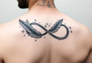 infinity symbol woven with floating feathers and stardust tattoo idea