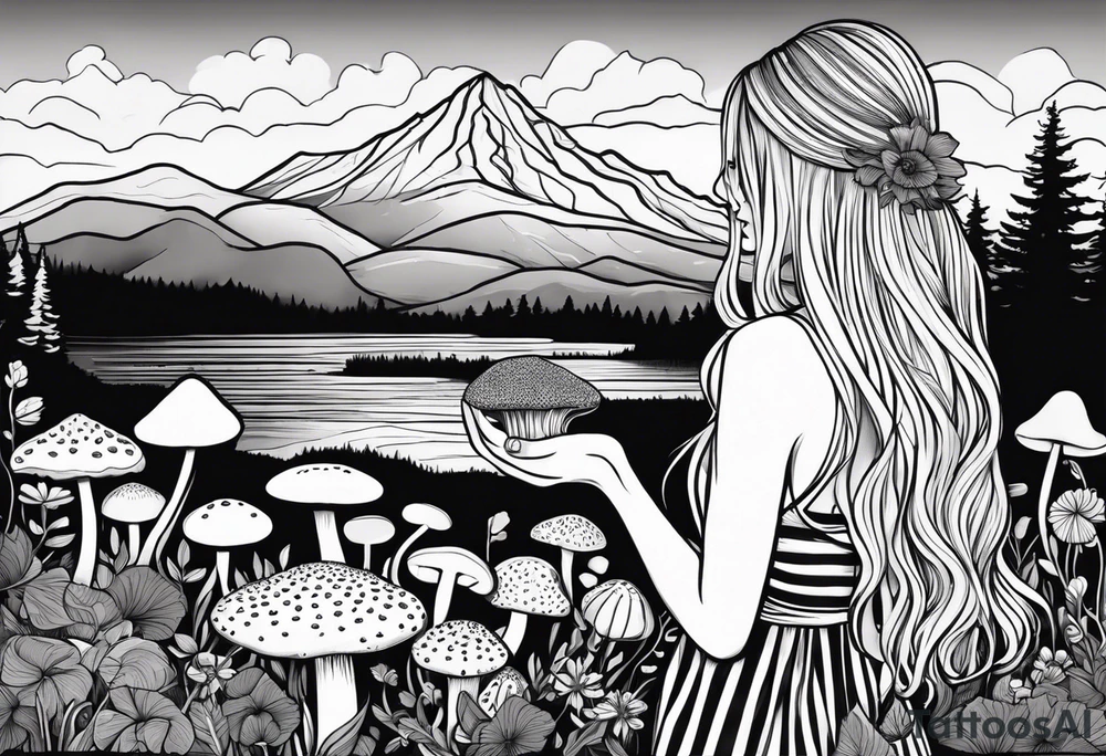 Straight long blonde hair hippie girl in distance holding mushrooms in hand facing away toward mountains and creek surrounded by mushrooms black and white striped dress tattoo idea