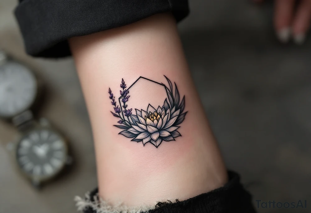 Leo symbol, larkspurs and water lily surrounded by a hexagon tattoo idea