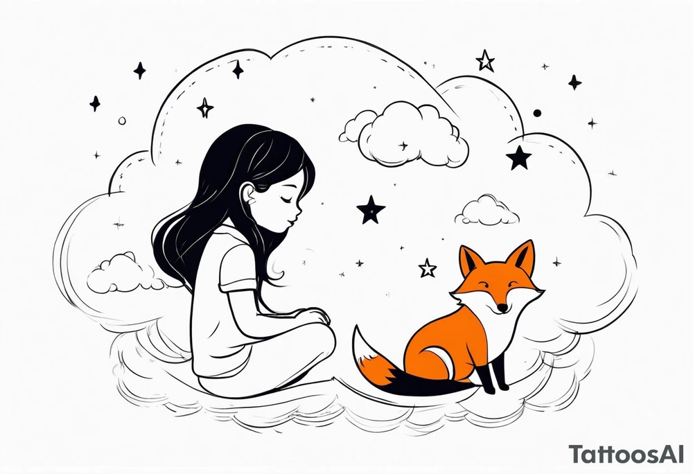little girl with a fox sitting back side by side on a cloud and look at the stars tattoo idea