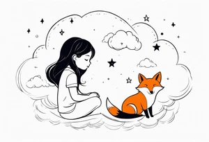 little girl with a fox sitting back side by side on  a cloud and look at the stars tattoo idea