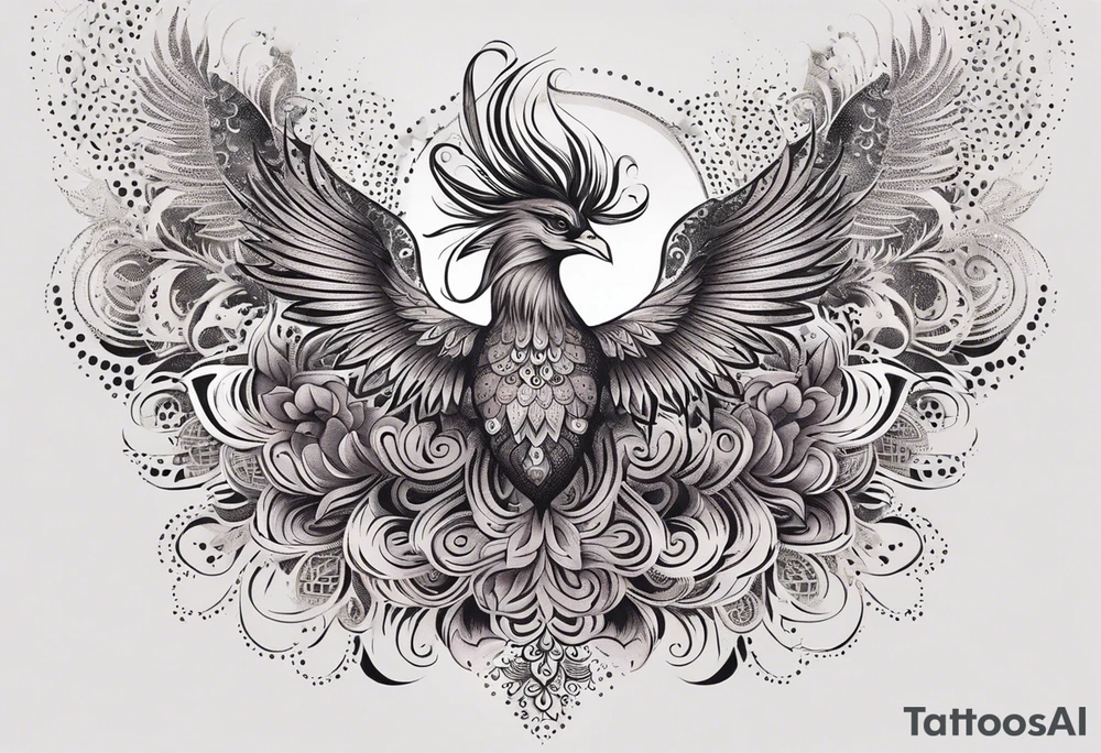 Tribal bohemian feminine impowering Phoenix rising with smoke, mandala sun, floral, lace background tattoo idea