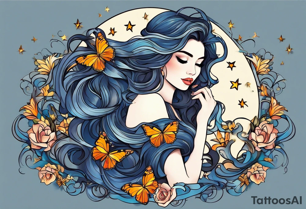 Beautiful woman with butterflies in her long wavy hair sitting on a half moon, with a moon and star background tattoo idea