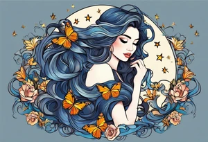 Beautiful woman with butterflies in her long wavy hair sitting on a half moon, with a moon and star background tattoo idea