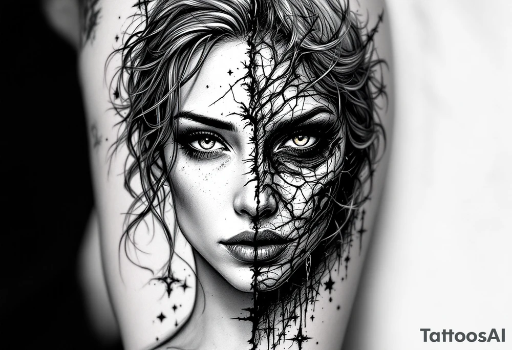 Half pure half corrupted female portrait tattoo tattoo idea