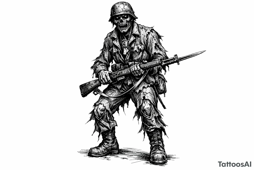 Full body zombie soldier, tattered uniform, bayonet fixed rifle, dark fantasy art. tattoo idea