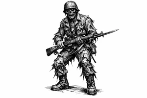 Full body zombie soldier, tattered uniform, bayonet fixed rifle, dark fantasy art. tattoo idea