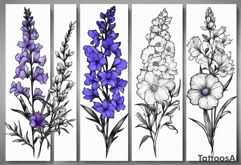 Bouquet Simple Tattoo of larkspur, carnation, violet, daisy with stem tattoo idea