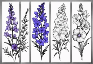 Bouquet Simple Tattoo of larkspur, carnation, violet, daisy with stem tattoo idea