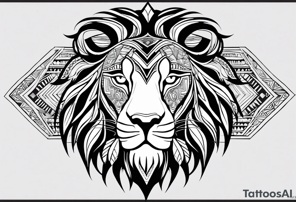 A lion designed with tribal patterns, using bold black lines that emphasize the contours of the lion's face and mane. This style can incorporate cultural significance and artistry. tattoo idea