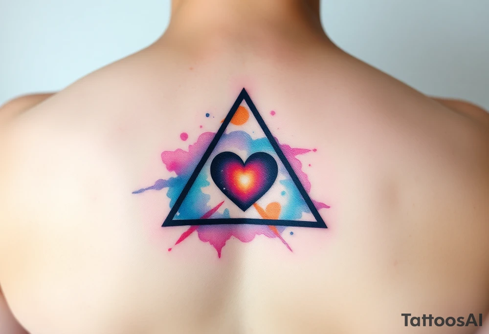 A single triangle with a heart in the center with 
galaxy in background tattoo idea