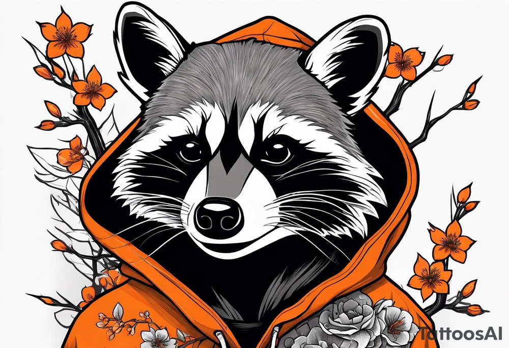 Raccoon wearing a white Superman logo on a black hoodie and orange Japanese cherry blossoms beside tattoo idea