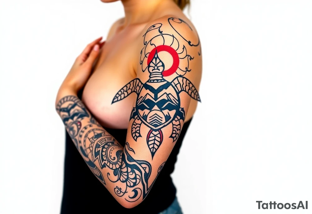 turtle sleeve with mountains, fire, water, air tattoo idea