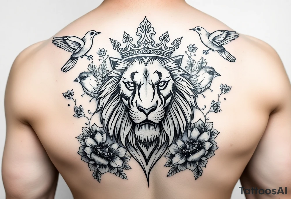 powerful majestic lion with a crown, surrounded by floral ornaments and birds tattoo idea