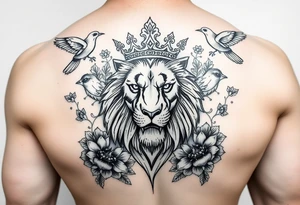 powerful majestic lion with a crown, surrounded by floral ornaments and birds tattoo idea
