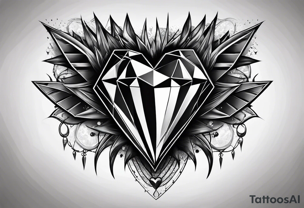 heart diamond black hexagon with spikes on top and black background tattoo idea