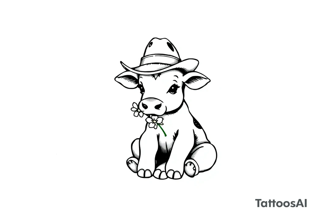 cute black and white baby cow sitting wearing a cowboy hat with a flower in mouth tattoo idea