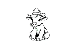 cute black and white baby cow sitting wearing a cowboy hat with a flower in mouth tattoo idea