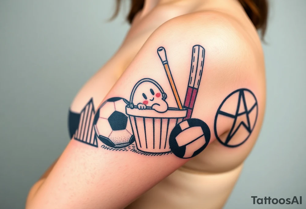 Childhood memories of a book, a bucket and spade, a football, a cricket bat, a cartoon of Dennis the Menace from the Beano comic, and the American Idiot symbol tattoo idea