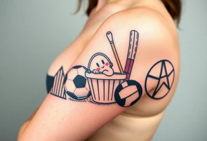 Childhood memories of a book, a bucket and spade, a football, a cricket bat, a cartoon of Dennis the Menace from the Beano comic, and the American Idiot symbol tattoo idea