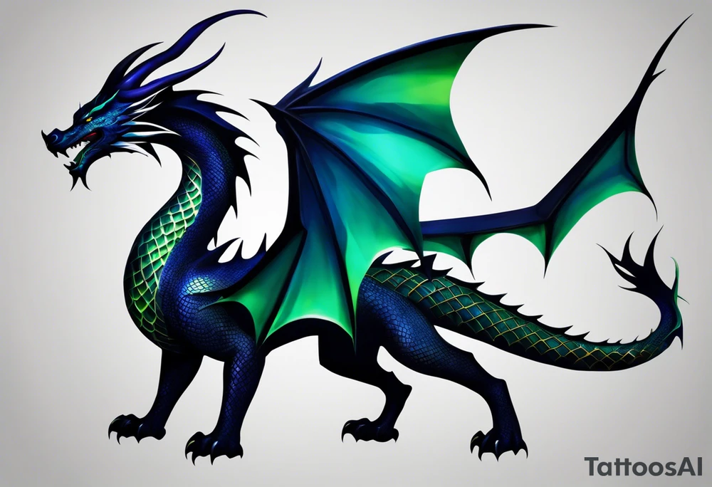 Geometric Tattoo: An epic with no wings, floating. Its long body coiling dynamically, with scales and horns detailed to create a sense of movement and strength. The dragon's main color is midnight blue but features little accents in green, blue, and gold, giving a vibrant depth and a mystical aura. This tattoo highlights the dragon’s fierce expression and sharp claws as it wraps protectively around the leg. Style: Geometric tattoo idea