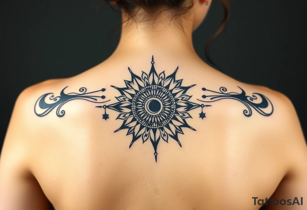 celestial sun and moon embrace with constellation patterns tattoo idea