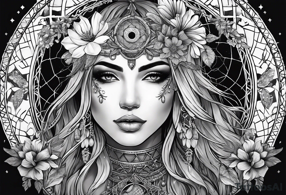 Blindfolded woman looking over a large dream catcher with the scorpio zodiac in the center queen Ann's lace flowers hanging from the bottom tattoo idea