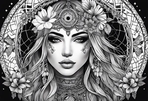 Blindfolded woman looking over a large dream catcher with the scorpio zodiac in the center queen Ann's lace flowers hanging from the bottom tattoo idea